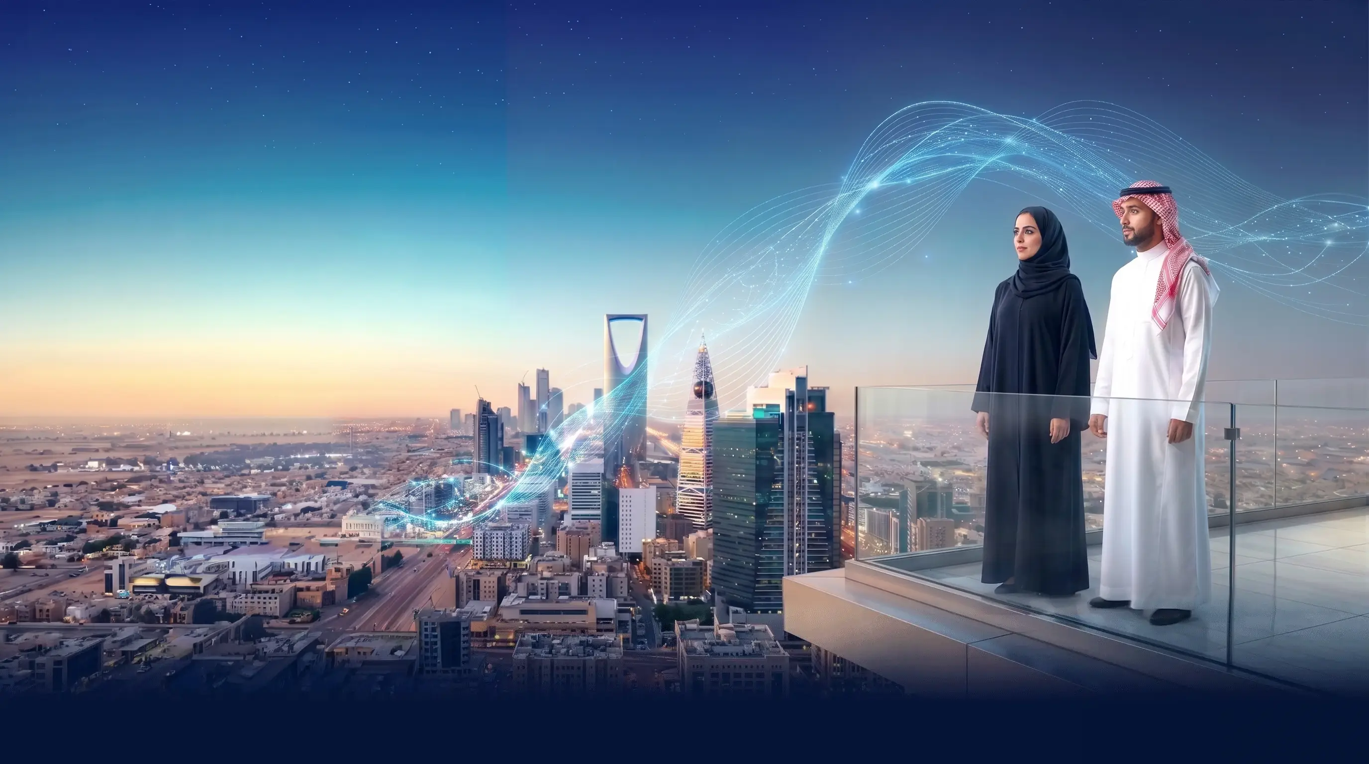 Two Saudi business leaders on a Riyadh high-floor at dusk, a light-blue data wave arcing across the skyline
